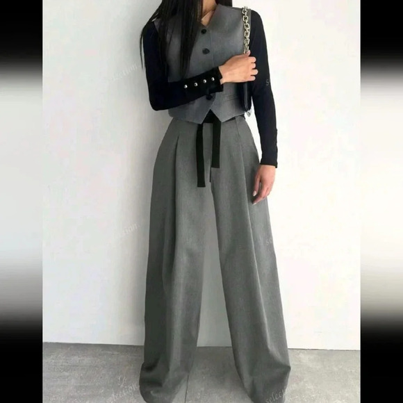 Fashion Design Wide Leg Pants Solid Color Commute Slimming Long Trousers - Picture 2 of 4